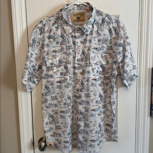 Western Aloha Pearl Snap Buttons Print Shirt Blue and Brown Patterns new no tags